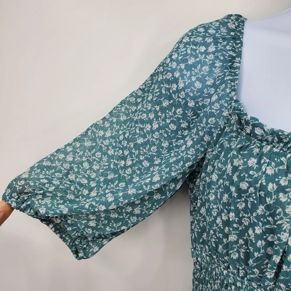 Trixxi Teal Floral Puff Sleeve Mini Dress